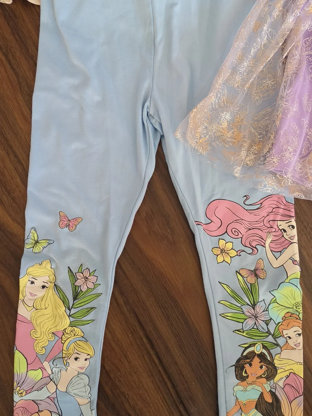 Disney Girls Pink & Purple Princess Tee, Lilac Skirt & Blue Leggings Set